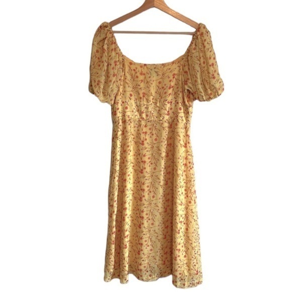 J.O.A. Just One Answer Puff Sleeve Midi Dress Women’s Size Medium Floral Yellow - Picture 3 of 11